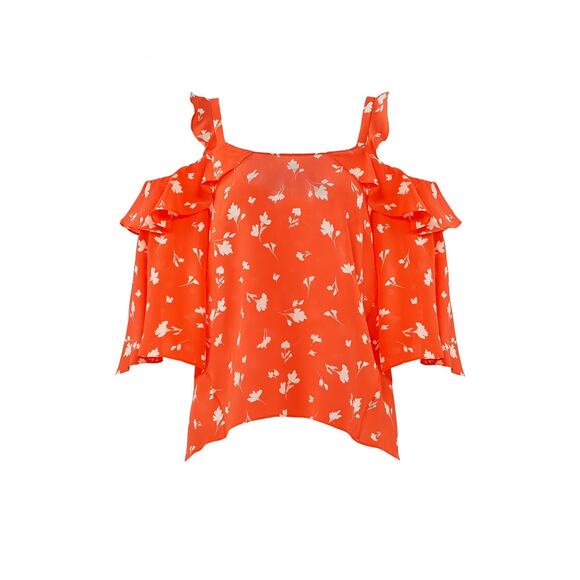 Shoshanna Bronwen Red Floral Print Cold Shoulder Square Neck Silk Top Size Small - Picture 4 of 12